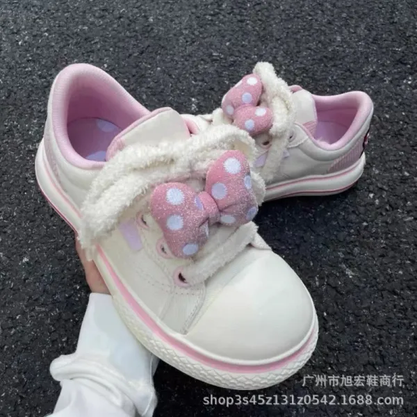 Minnie Mouse x Custom Canvas Sneakers White Pink Polka Dot Bow Casual Shoes - 1
