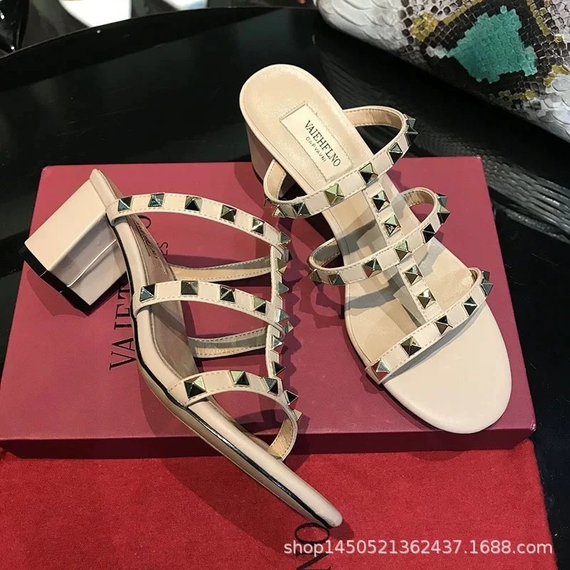 Valentino Rockstud Strappy Block Heel Sandals Beige