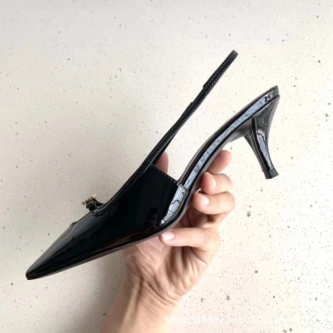 Black Patent Leather Slingback Stilettos with Buckle Detail Heels - 6