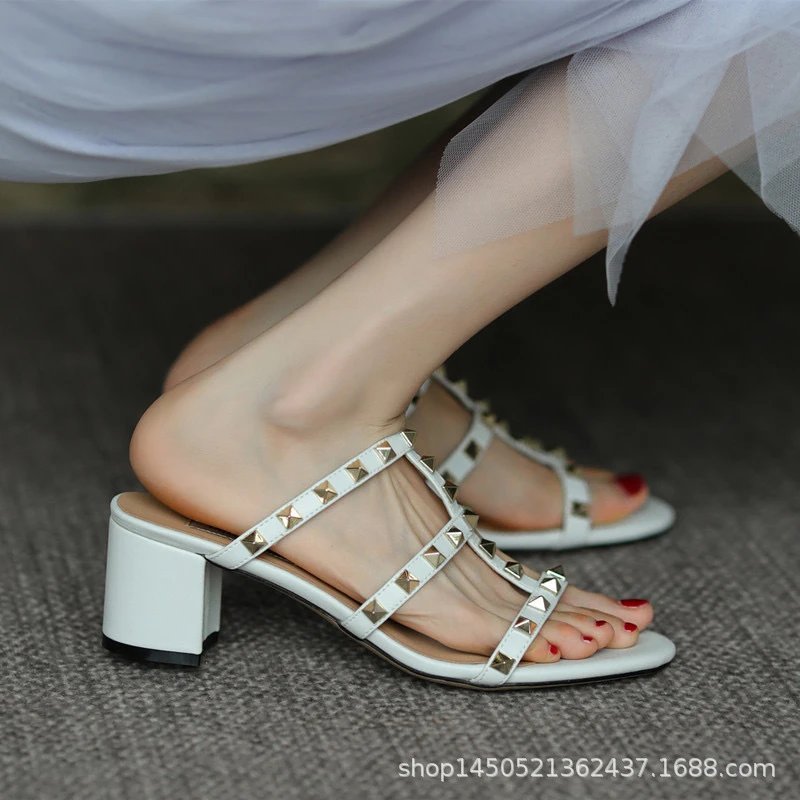 Valentino Rockstud Strappy Mule Sandals Beige - 6