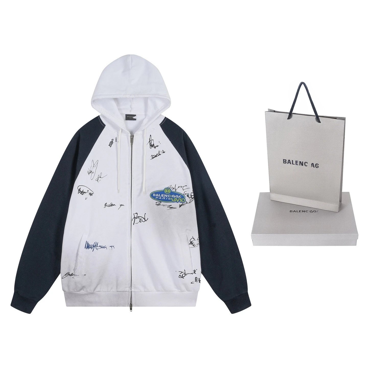 Balenciaga x GMBH Signature-Print Raglan Hoodie White/Navy - 3
