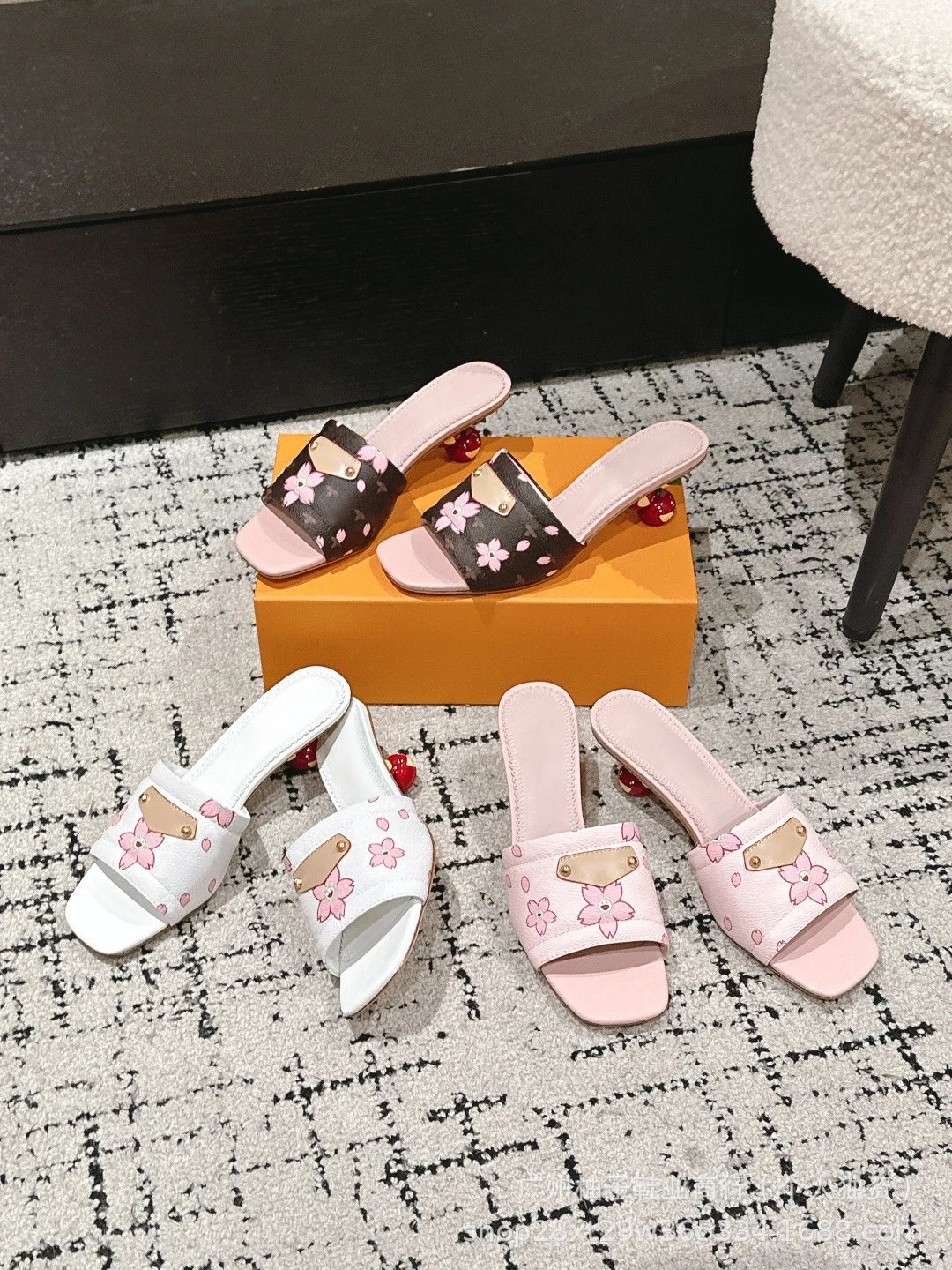 Cherry Blossom Print Mule Sandals with Fruit Heel Pink Slippers - 3