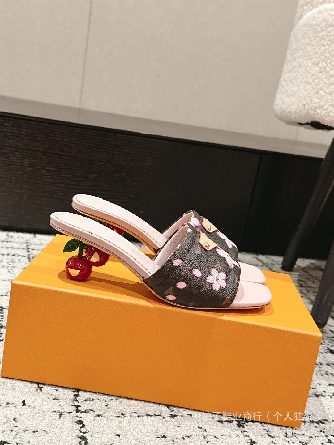 Cherry Blossom Print Mule Sandals with Fruit Heel Pink Slippers - 6