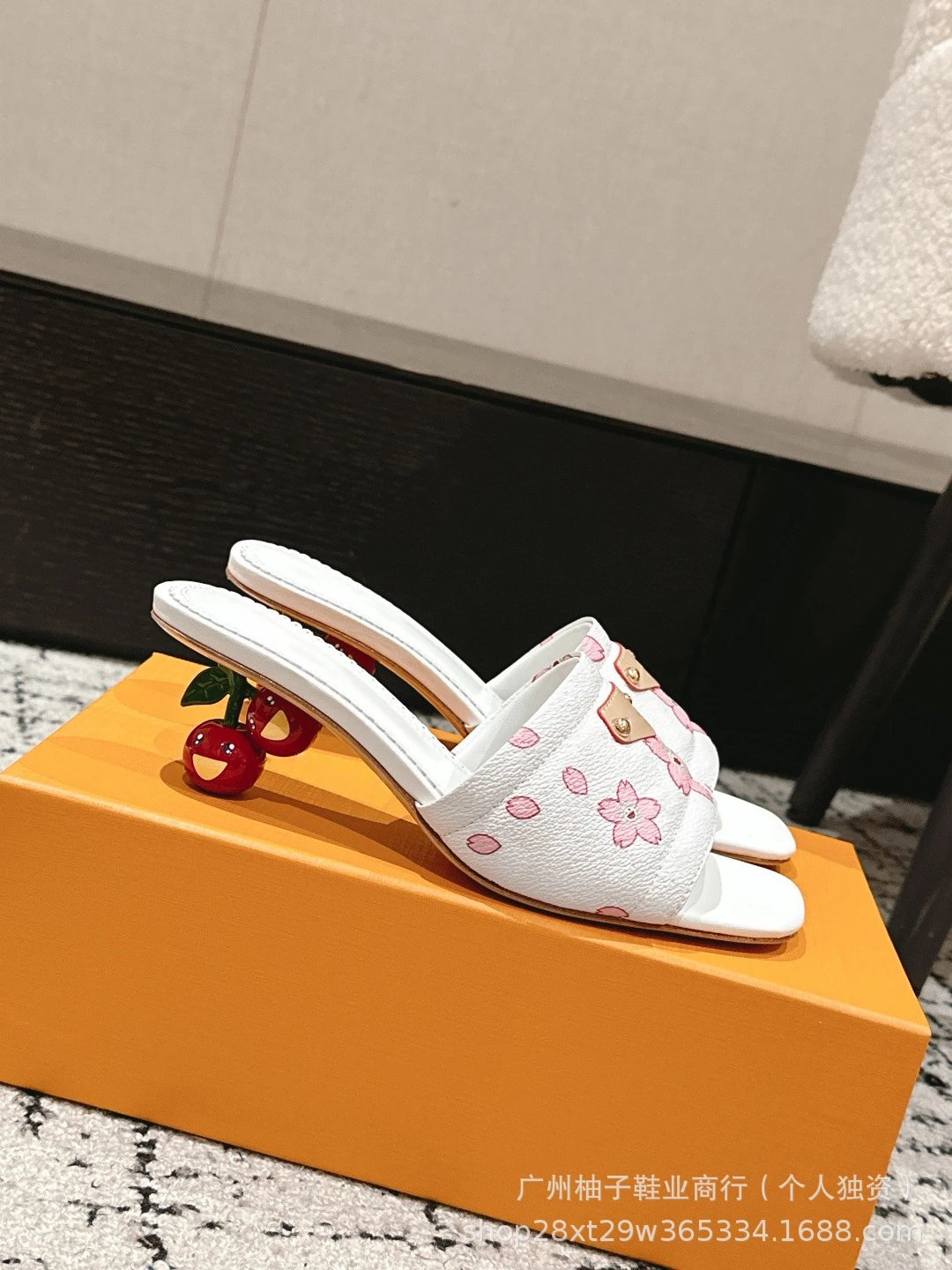 Cherry Blossom Print Mule Sandals with Fruit Heel Pink Slippers - 8