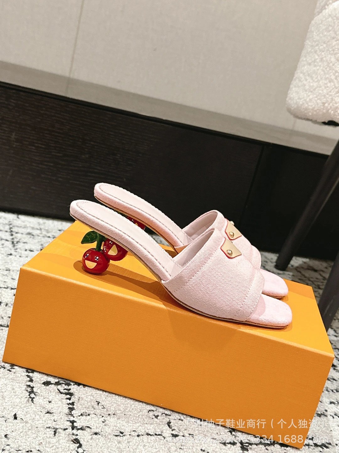 Cherry Blossom Print Mule Sandals with Fruit Heel Pink Slippers - 13