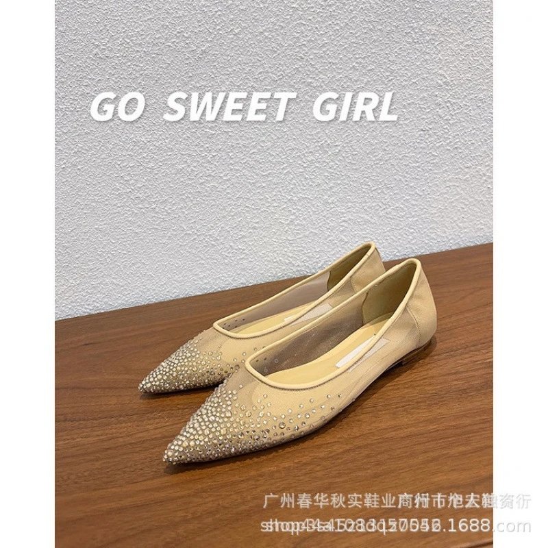GO SWEET GIRL Crystal-Embellished Pointed-Toe Flats Beige Shoes