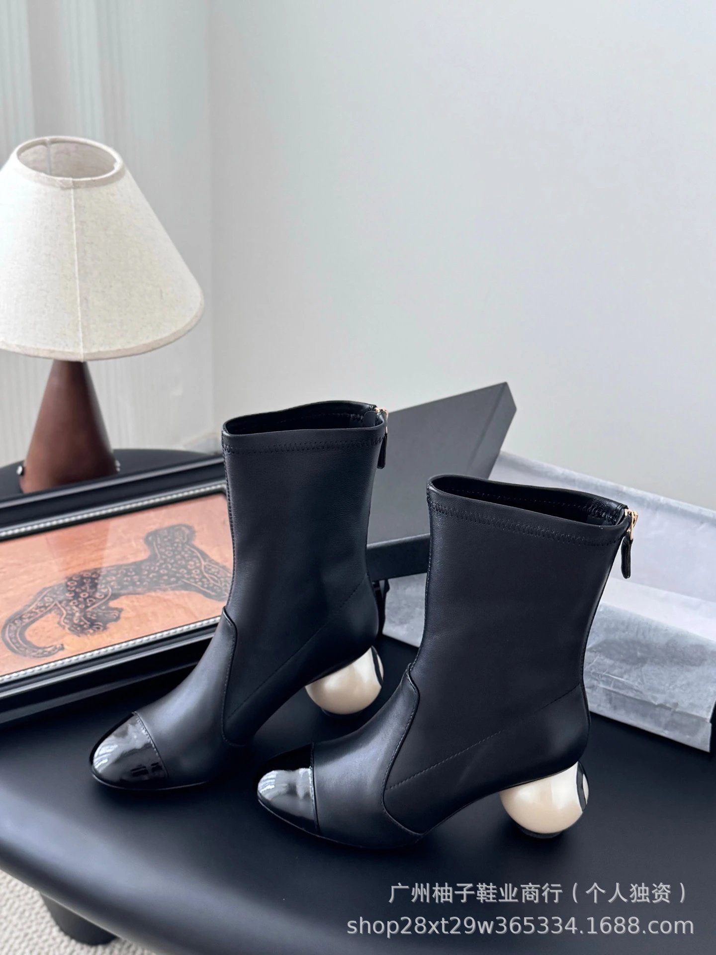 Chanel-Inspired Pearl Heel Ankle Boots White with Black Cap Toe - 3