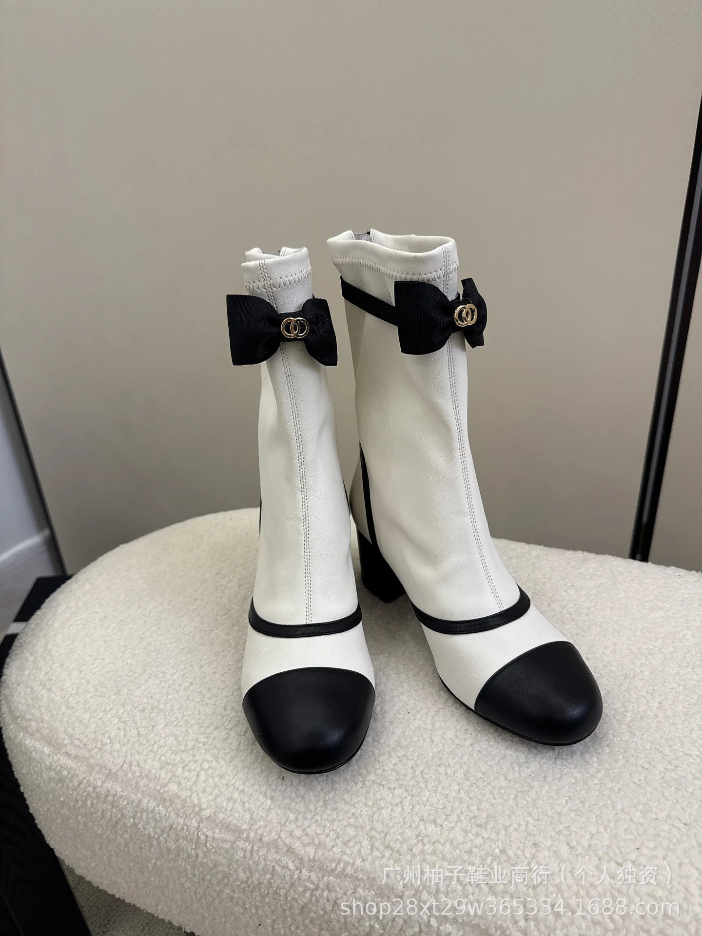 Chanel-inspired Bow Detail Beige and Black Cap-Toe Ankle Boots - 5