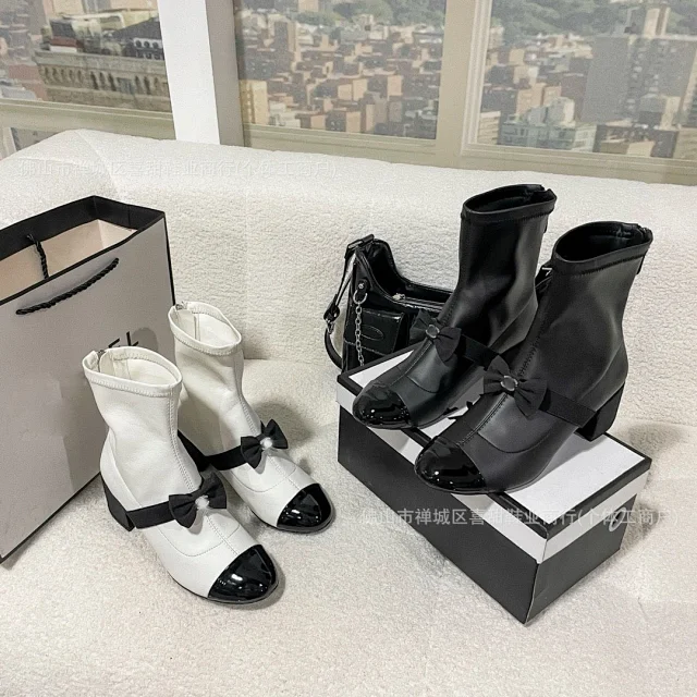Chanel Boots Bow Colorblock Ankle with Patent Toe Caps product detail image 1