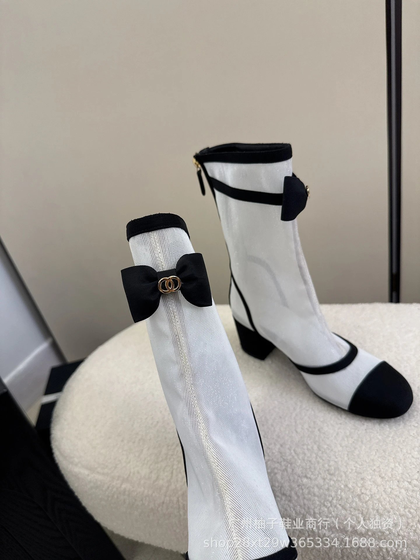 Chanel-inspired Bow Detail Beige and Black Cap-Toe Ankle Boots - 11