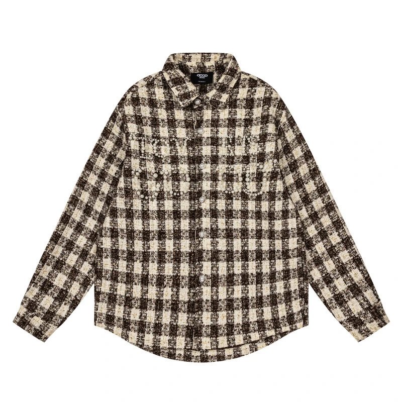 GRA Love Is Good Pearl-Embroidered Plaid Shirt Blue Beige - 9