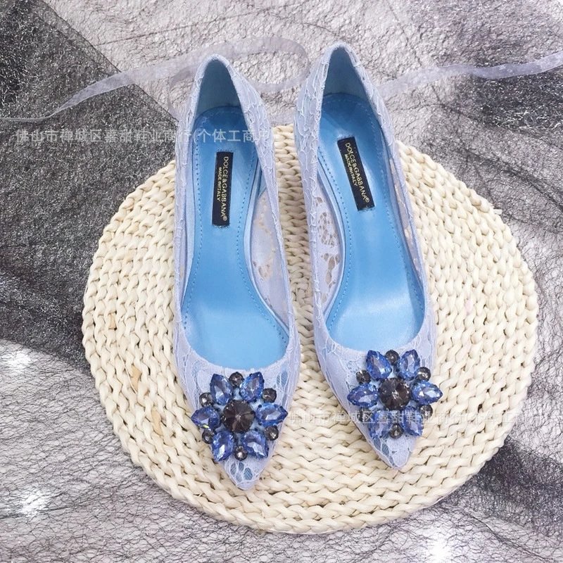 Lace Embroidered Stiletto Heels in Gray with Crystal Buckle - 16