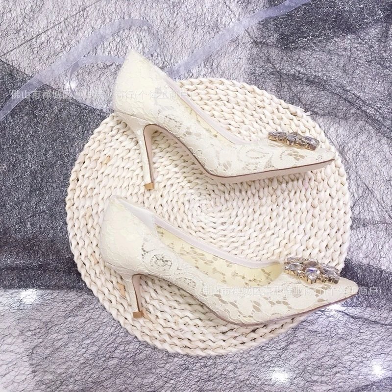 Lace Embroidered Stiletto Heels in Gray with Crystal Buckle - 24