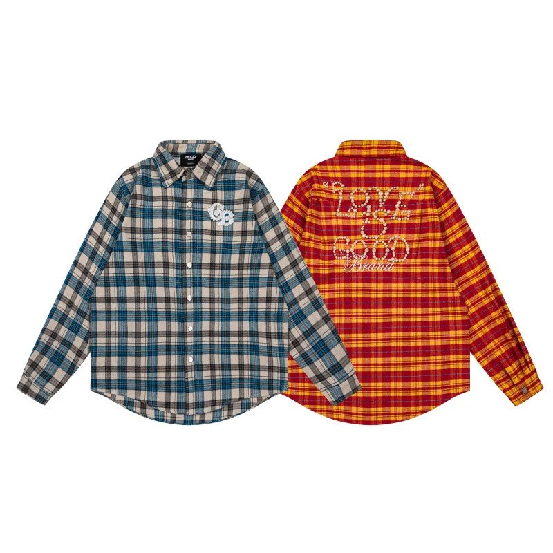 GRA Love Is Good Pearl-Embroidered Plaid Shirt Blue Beige - 36