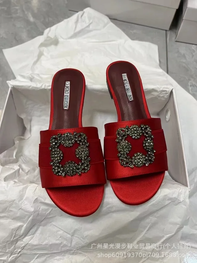 Manolo Blahnik Slippers Flat Satin Slides with Rhinestone Buckle product detail image 3