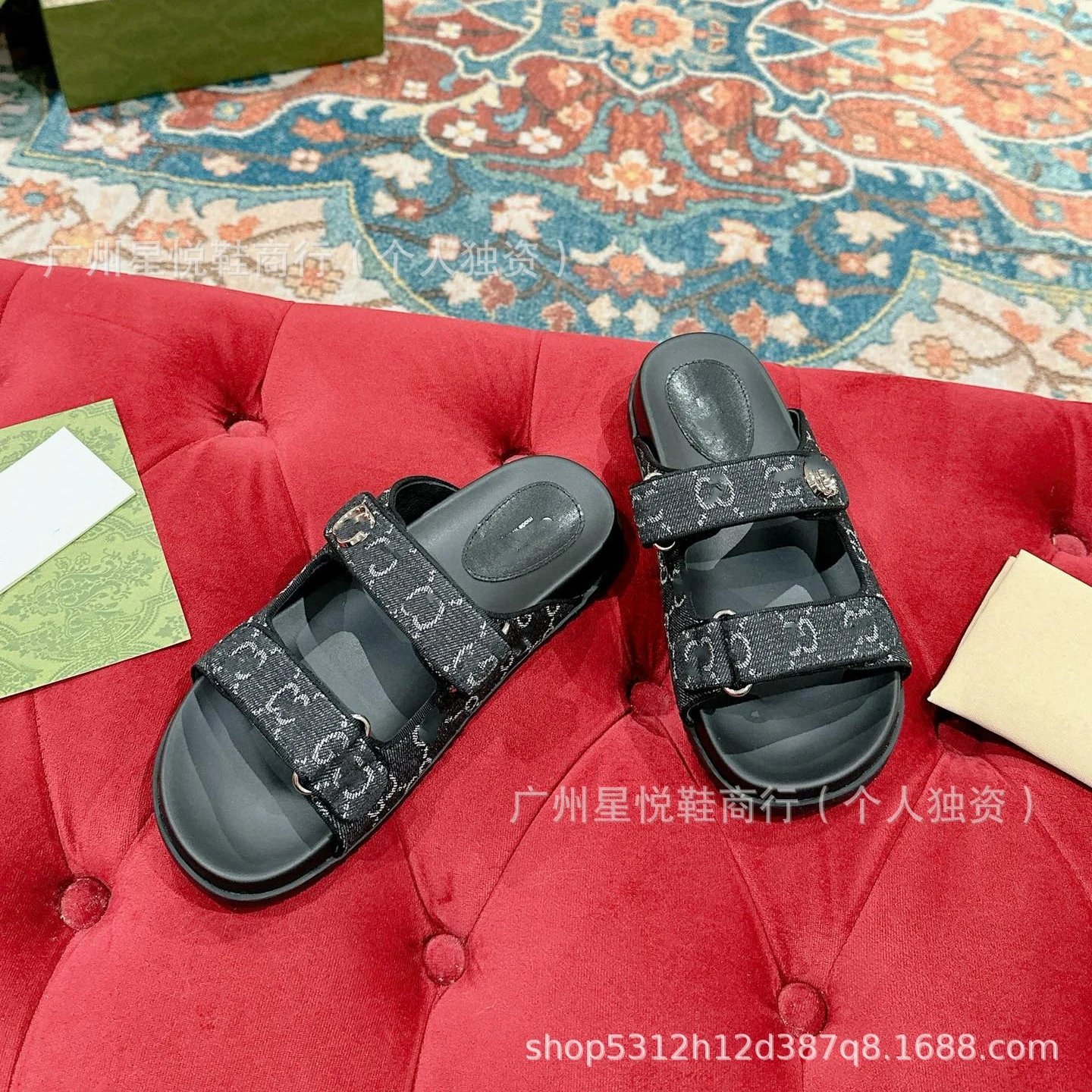Gucci GG Marmont Slide Sandals Blue Denim-Print - 6