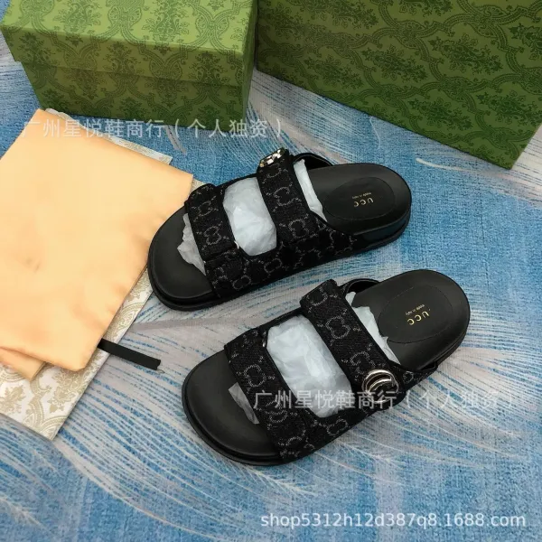 Gucci Marmont Slide Sandals Black GG Monogram Canvas Slippers - 1