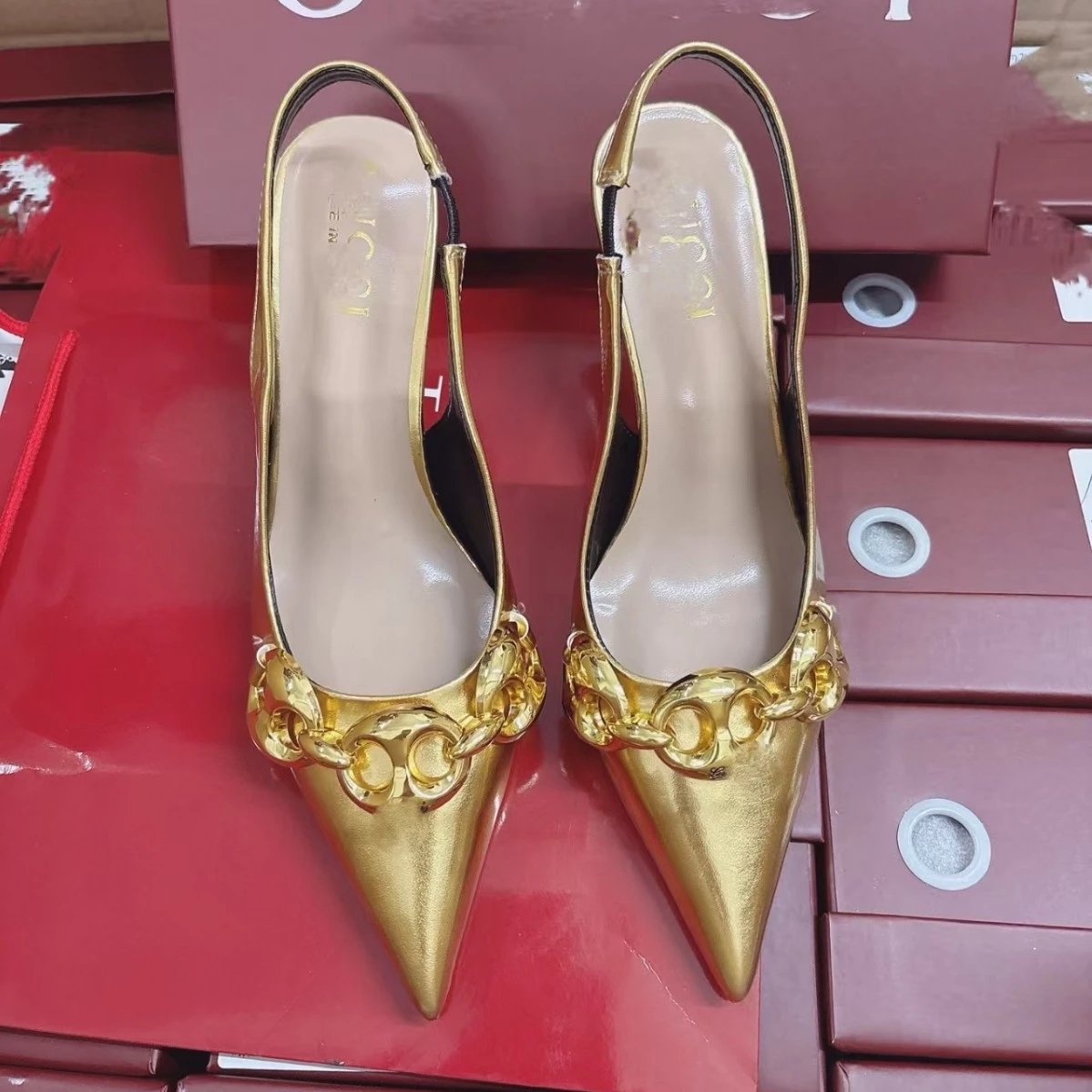 Gucci High Heels Pointed-Toe Chain-Embellished Slingback Stiletto image 3