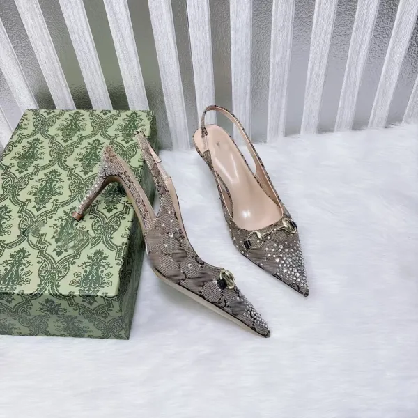 Gucci Marmont Slingback Stilettos Snake Print Crystal-Embellished Heels - 1