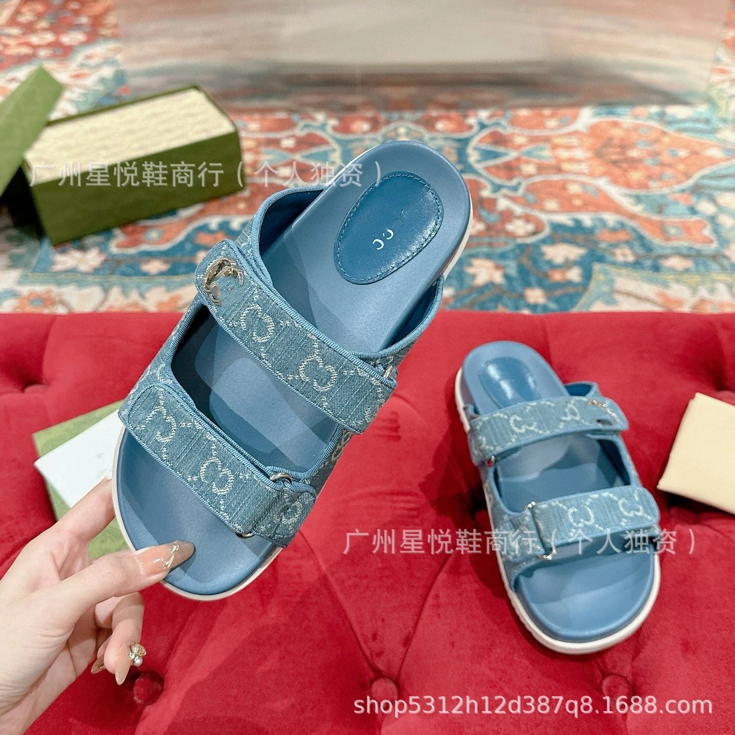 Gucci GG Marmont Slide Sandals Blue Denim-Print - 18