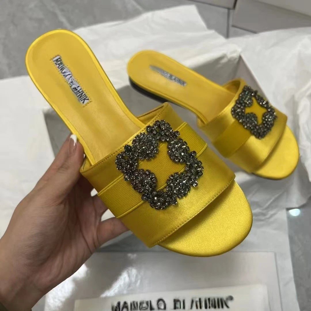 Manolo Blahnik Slippers Flat Satin Slides with Rhinestone Buckle image 4