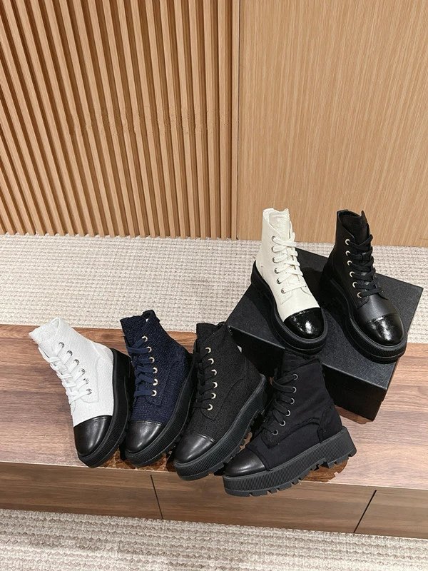 Chanel Tweed Lace-Up Combat Boots Navy - 2
