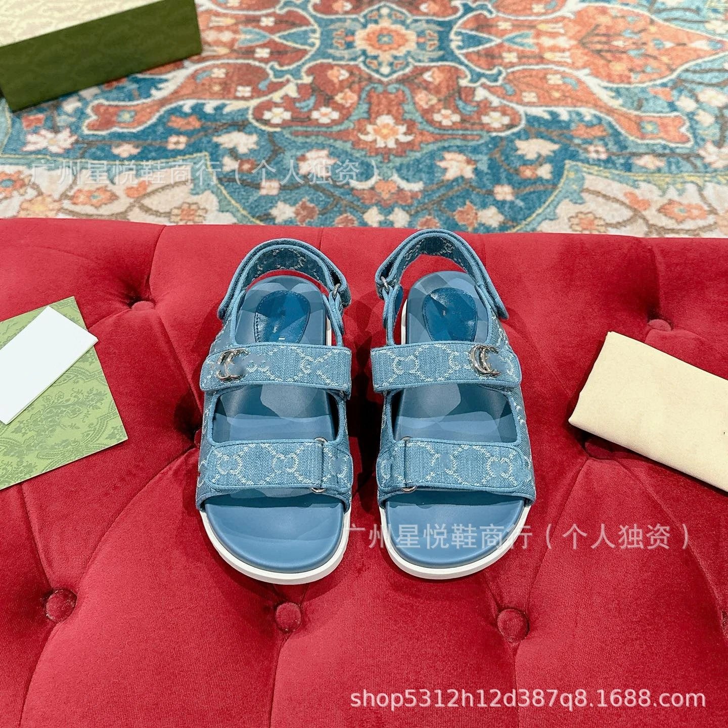 Gucci GG Marmont Slide Sandals Blue Denim-Print - 17