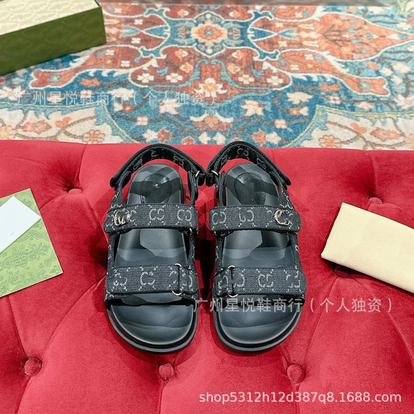 Gucci GG Marmont Slide Sandals Blue Denim-Print - 8