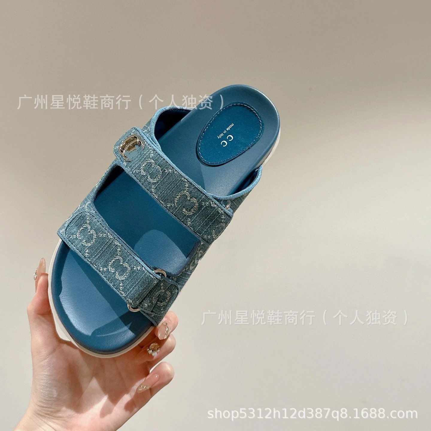 Gucci GG Marmont Slide Sandals Blue Denim-Print - 20