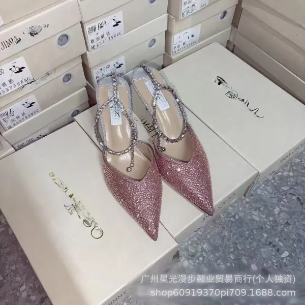Jimmy Choo Romy Crystal-Embellished Pink Glitter Pointed-Toe Mules - 1