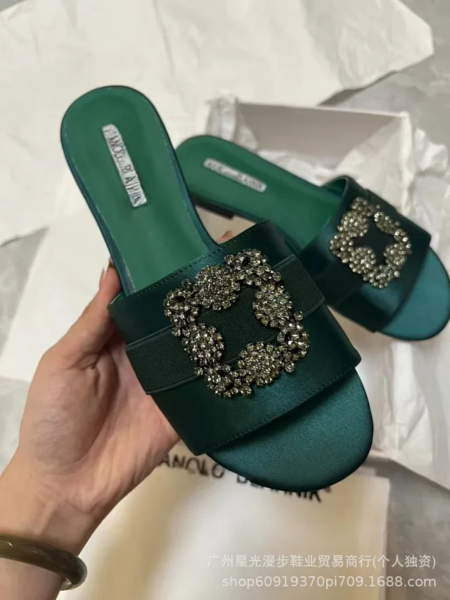 Manolo Blahnik Slippers Flat Satin Slides with Rhinestone Buckle product detail image 7