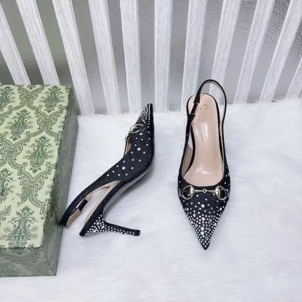Gucci Horsebit Slingback Stilettos Black Crystal-Embellished Heels - 1