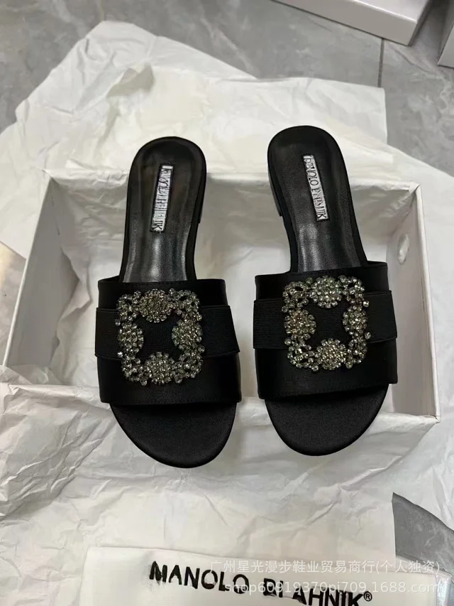 Manolo Blahnik Slippers Flat Satin Slides with Rhinestone Buckle product detail image 2