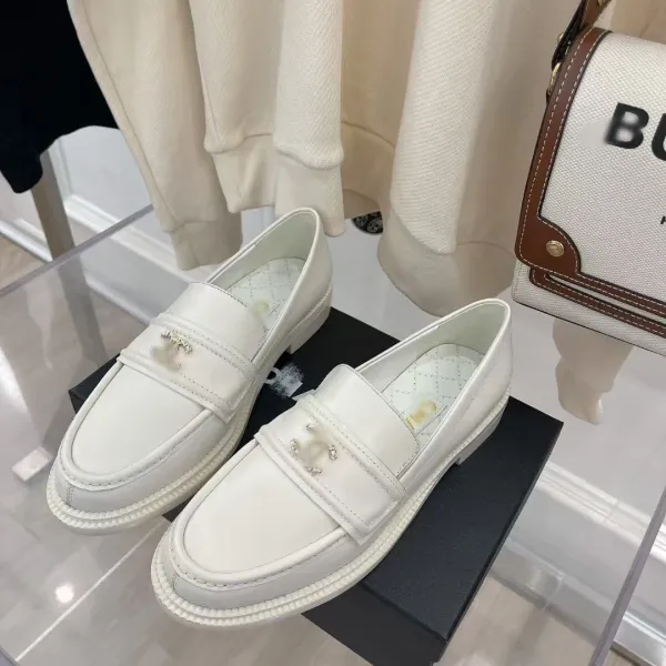 Chanel CC Logo Pearl-Embellished White Leather Loafers - 1