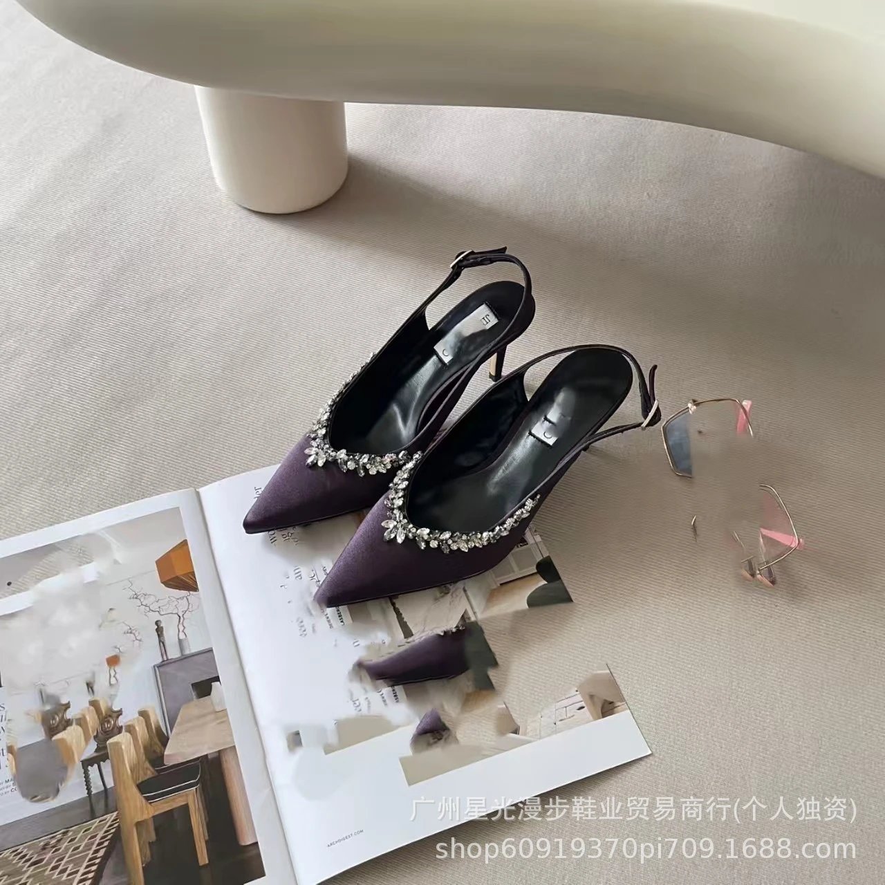 JIN Pointed-Toe Stiletto Heels with Crystal Strap Beige Shoes - 17