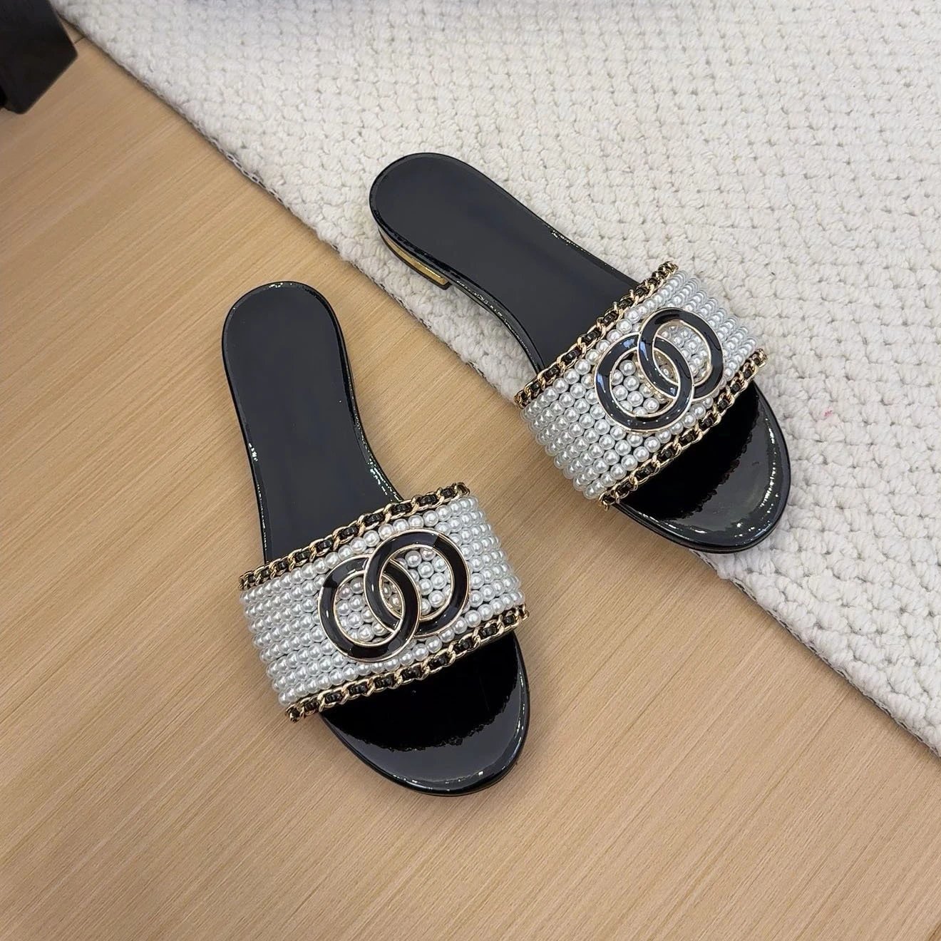 Chanel-Inspired Pearl Chain Slide Sandals Black - 6