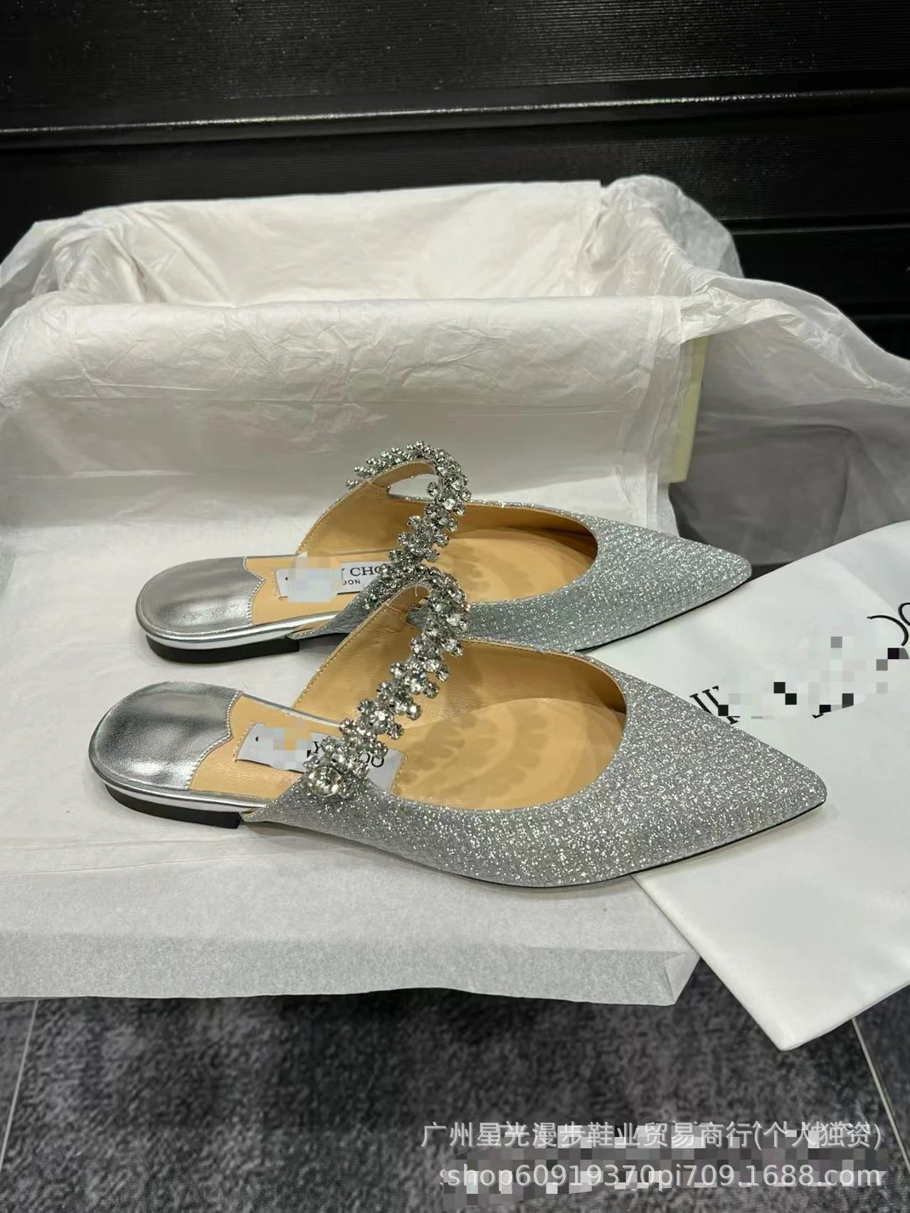 Jimmy Choo Romy Crystal-Embellished Silver Glitter Mule Shoes