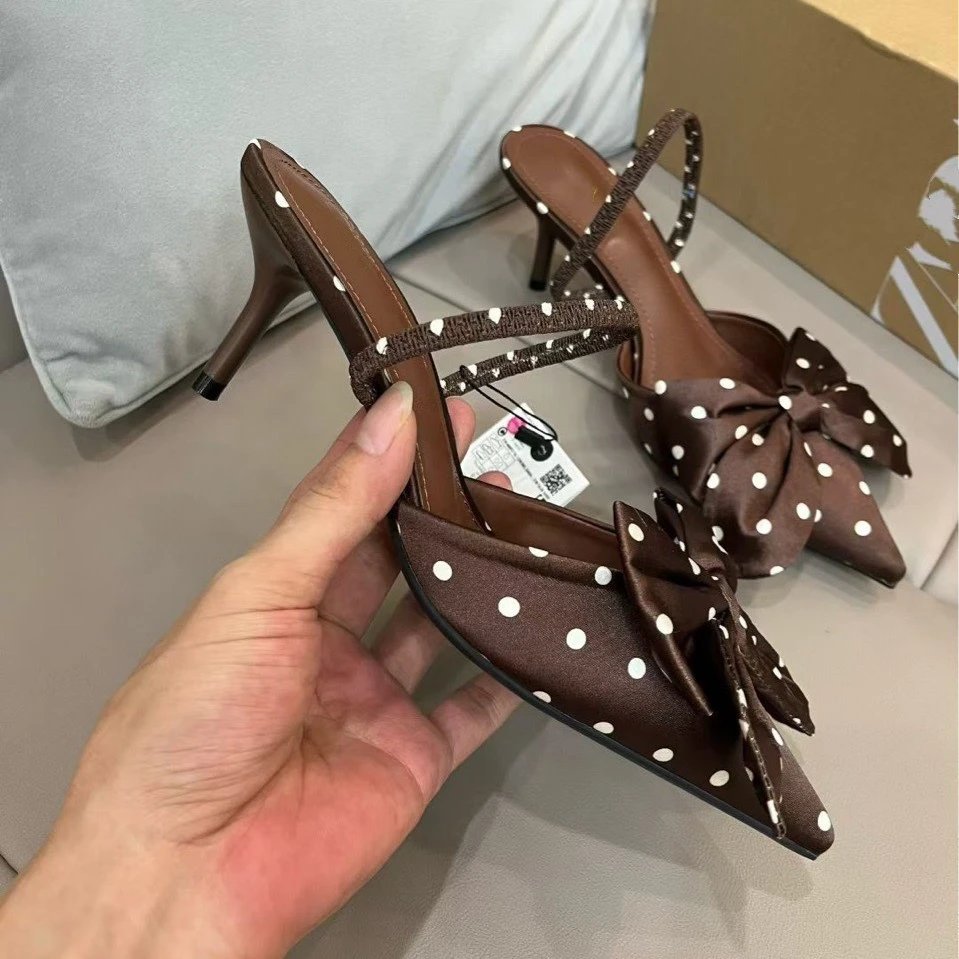Unbranded High Heels Pointed-Toe Polka Dot Bow Slingback image 3