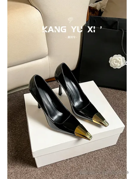 Kang Yu Xi Pointed-Toe Stiletto Heels with Gold Cap Black Shoes - 1