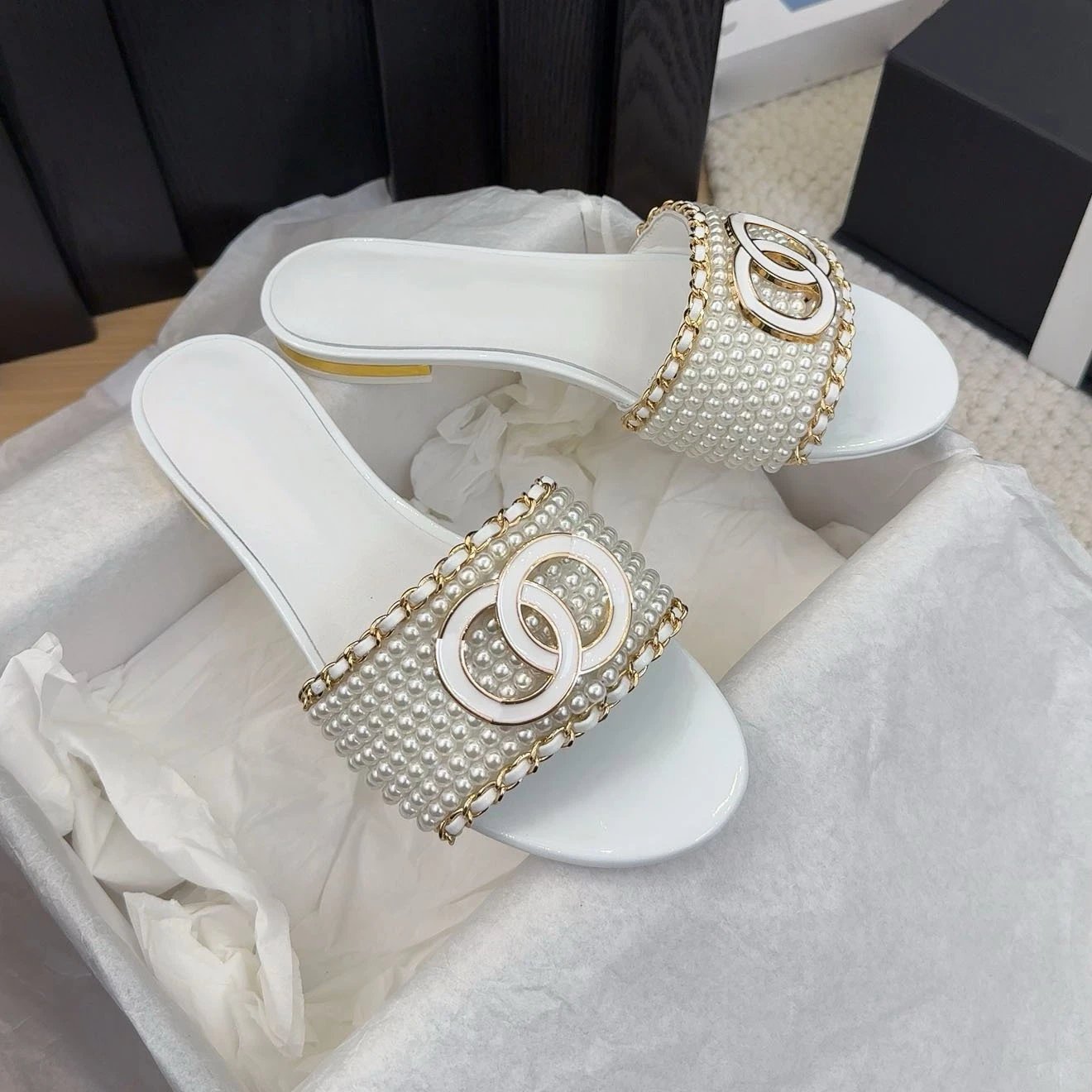 Chanel Sandals Pearl-Beaded Chain-Trim Slide image 2