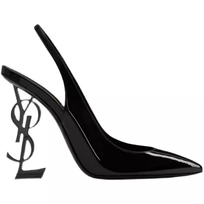 Saint Laurent High Heels Patent pointed-toe slingback with gold monogram image 4