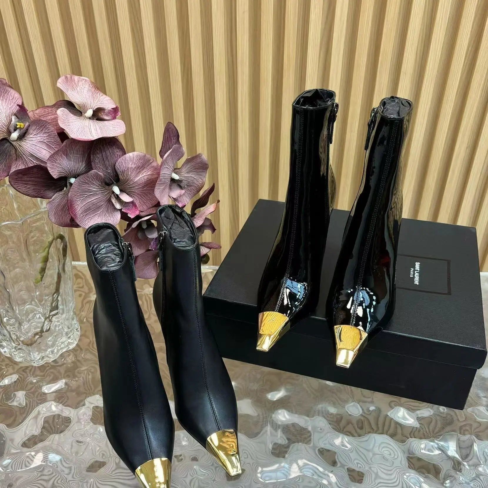 Saint Laurent Boots Ankle with gold-tone pointed toe caps and stiletto heels image 1