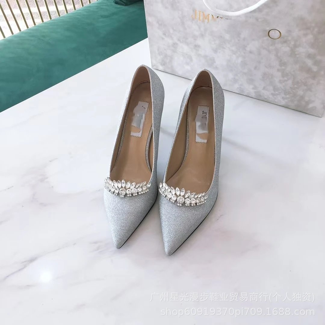 Crystal-Embellished Pointed-Toe Mule Heels Silver - 26