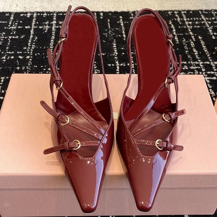 Miu High Heels Patent Leather Pointed-Toe Buckle-Strap Slingback image 4