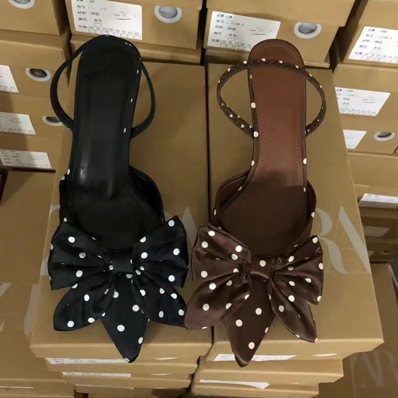 Brown Polka Dot Bow Detail Slingback Heels - 2