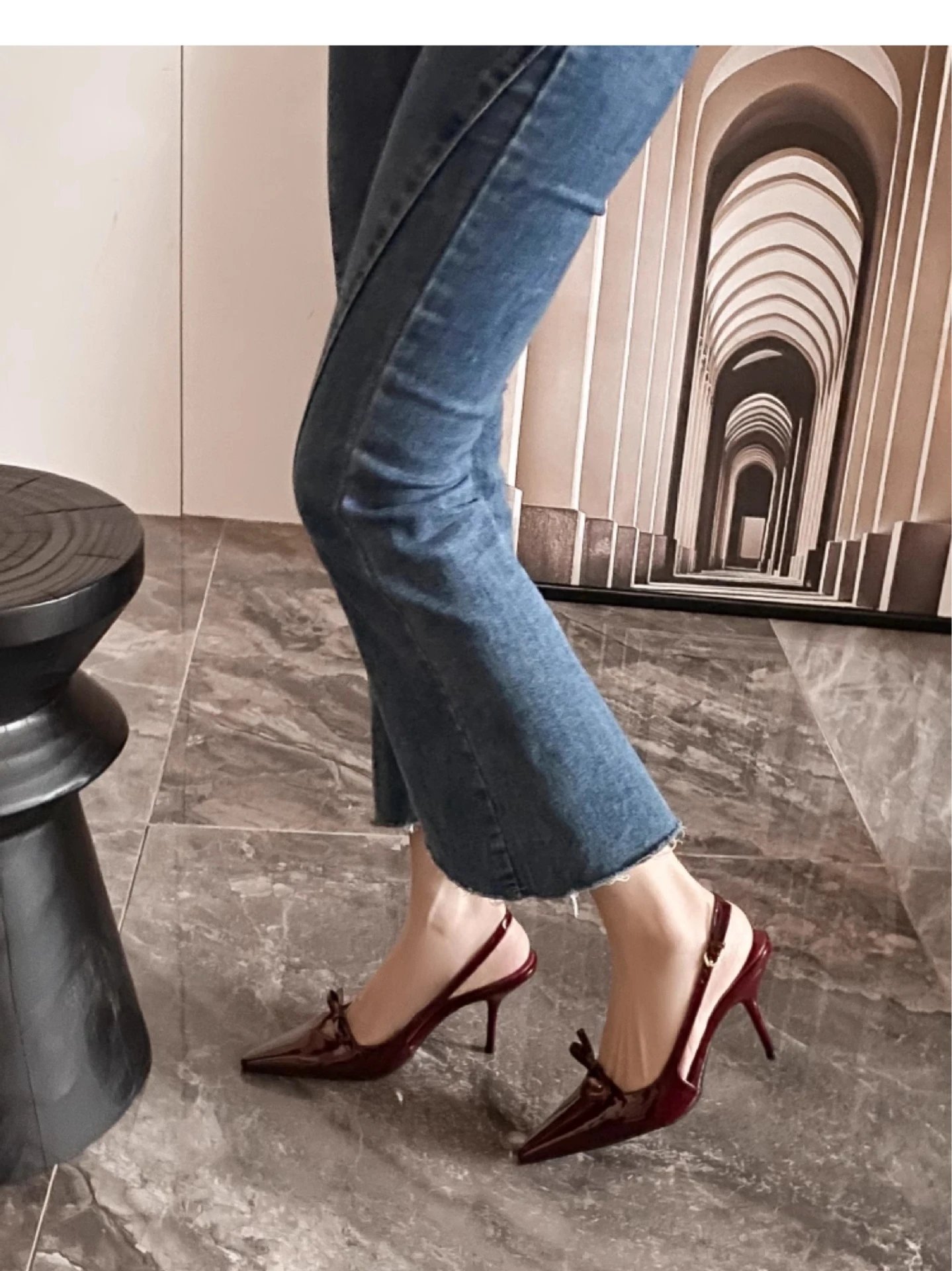 Black Patent Leather Bow Slingback Stiletto Heels - 16