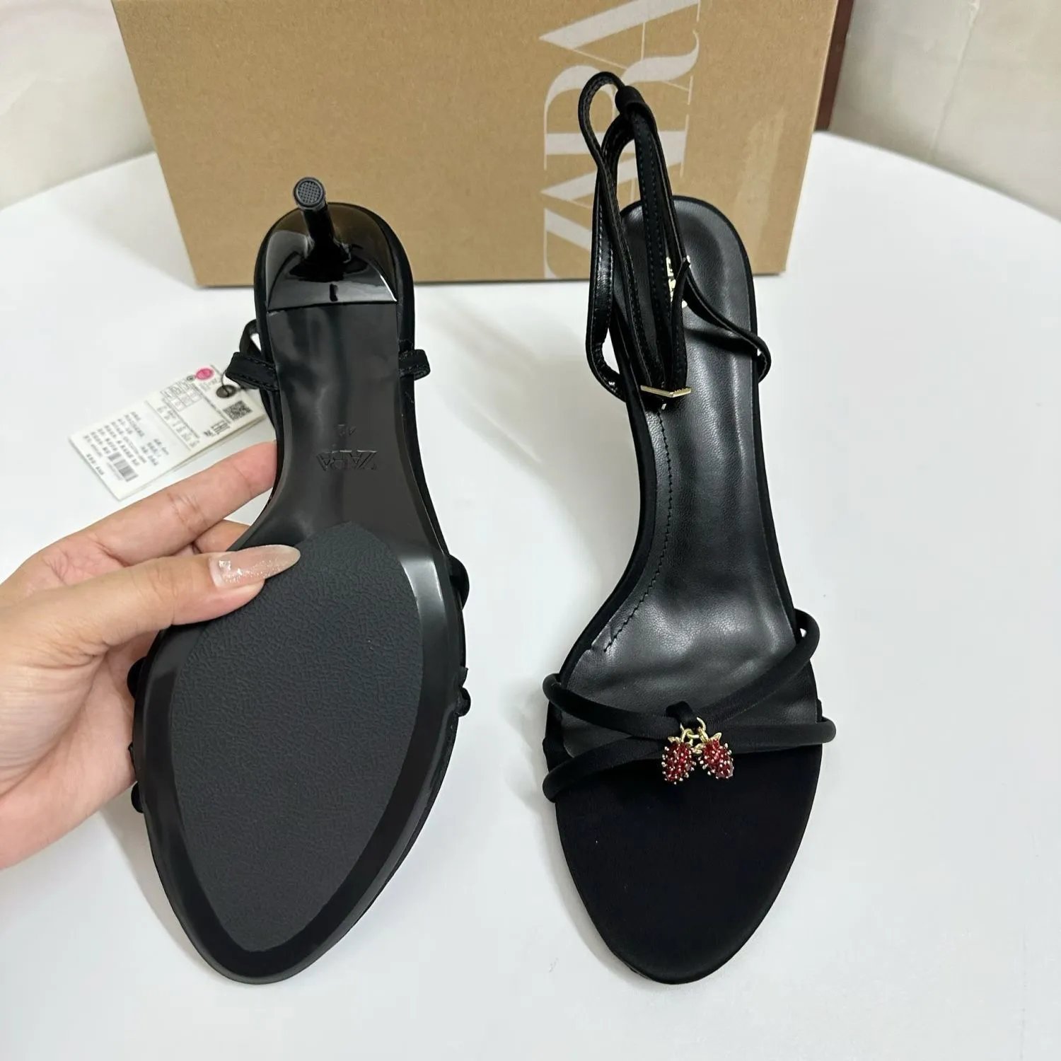Zara Strawberry Embellished Slingback Heels Black - 3