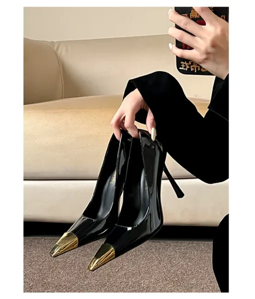 Tiberium Paris Pointed-Toe Stiletto Heel with Gold Cap Black Heels - 19
