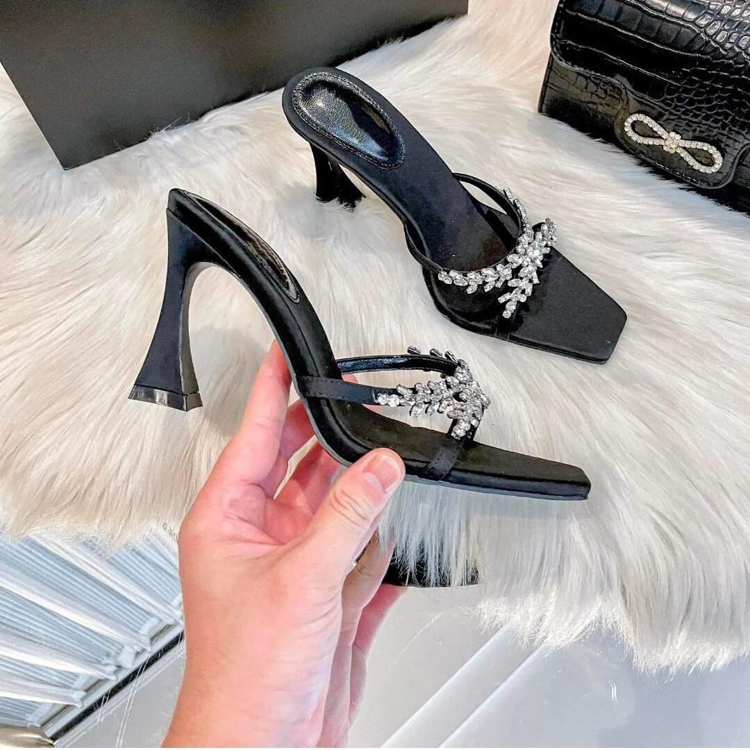Unbranded High Heels Rhinestone Cross-Strap Square-Toe Mule Sandals image 4