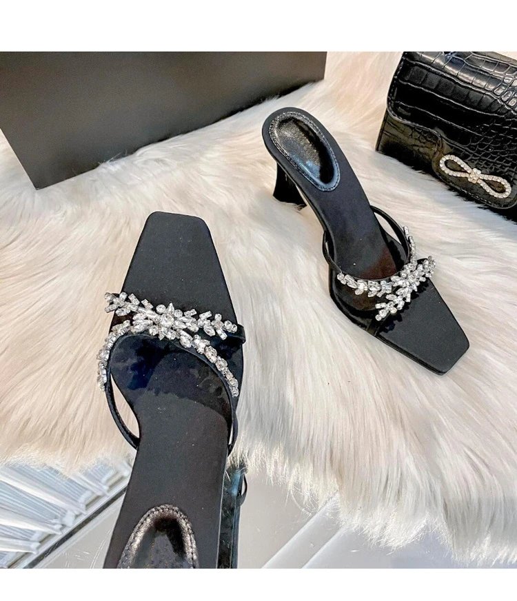 Black Crystal-Embellished Square-Toe Mule Heels - 7